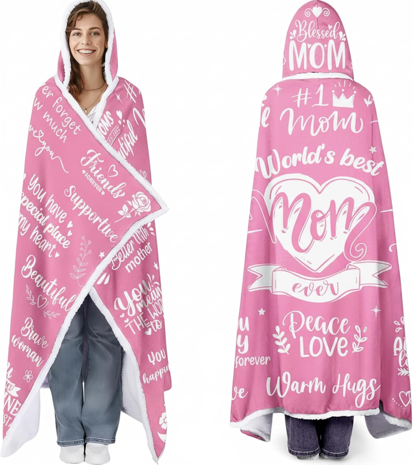 Best Mom Ever Hooded Wearable Blanket Hoodie Double Sided Fleece Valentines Mama Mother Wife Gifts from Husband(Pink)