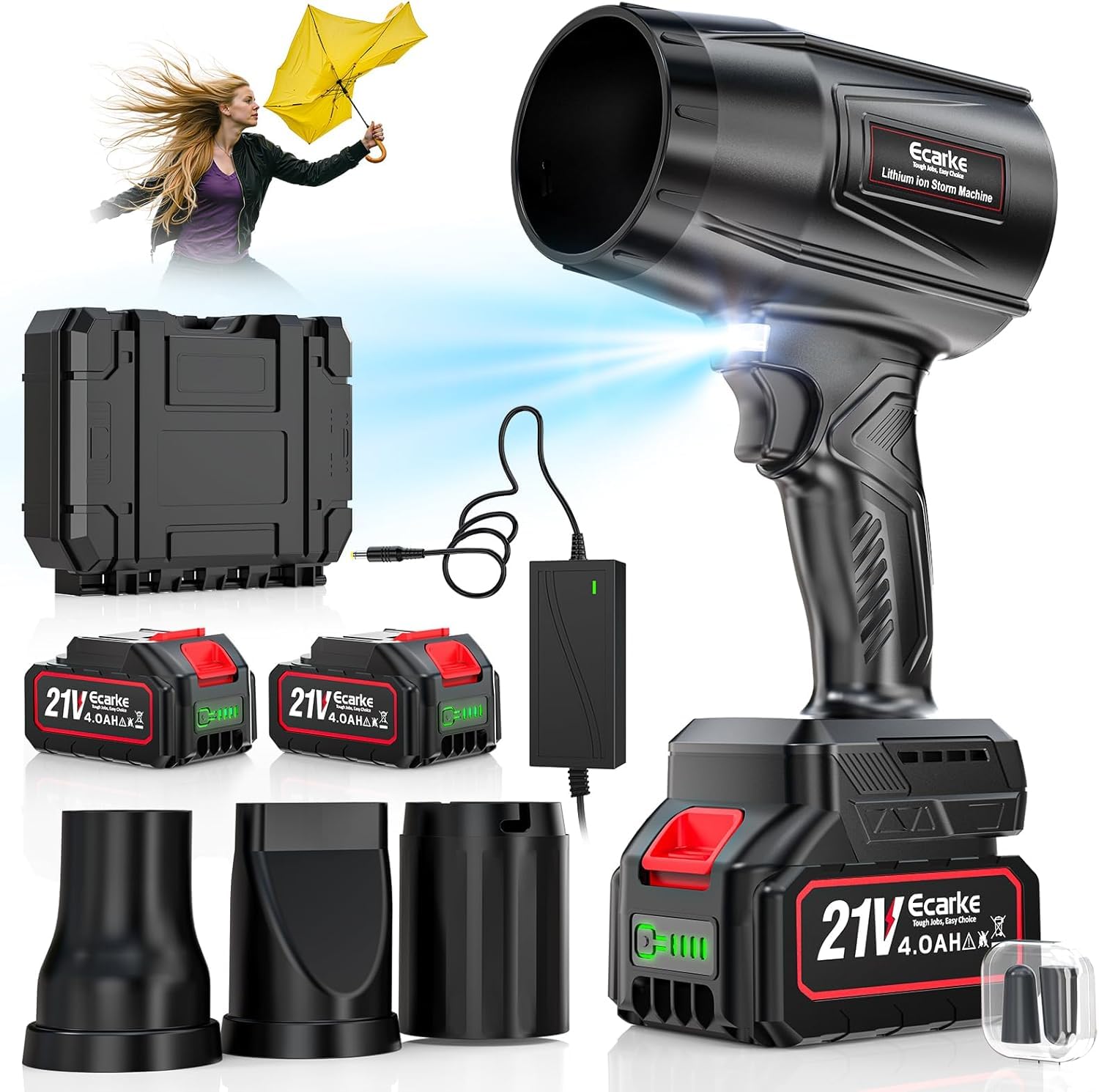 Ecarke Soplador de batería Turbo con 2 baterías de 4000 mAh, motor sin escobillas de 80.000 rpm, velocidad de aire de 60 m/s y 850 g de presión de aire, soplador de hojas portátil para eliminar hojas