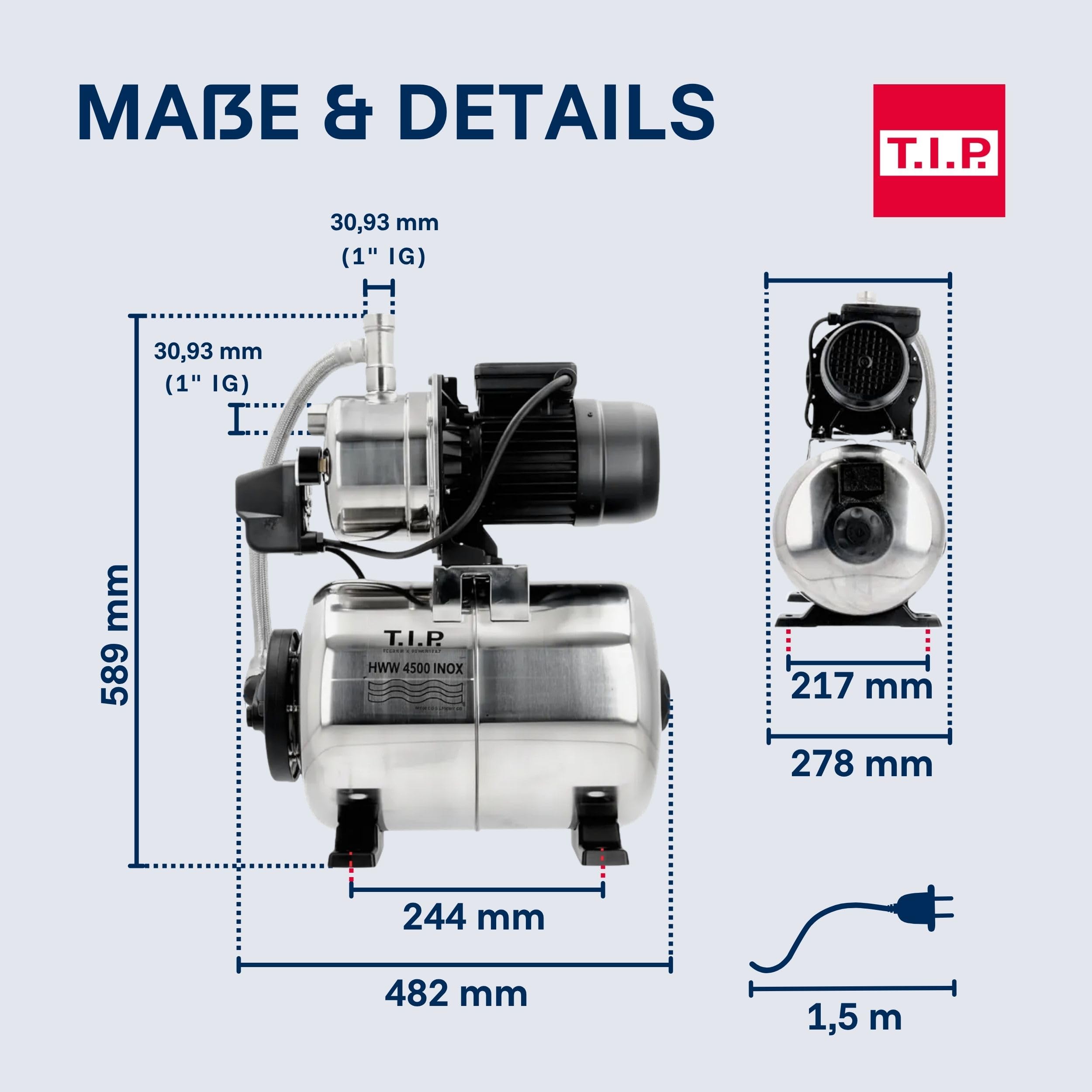 T.I.P. Hauswasserwerk HWW 4500 INOX aus Edelstahl mit 1200 W Leistung I 4350 l/h Fördermenge bis 50 m Höhe I 5 bar Druck mit Manometer I 22 L Kessel I robust, korrosionsfrei, sicher mit Überlastschutz