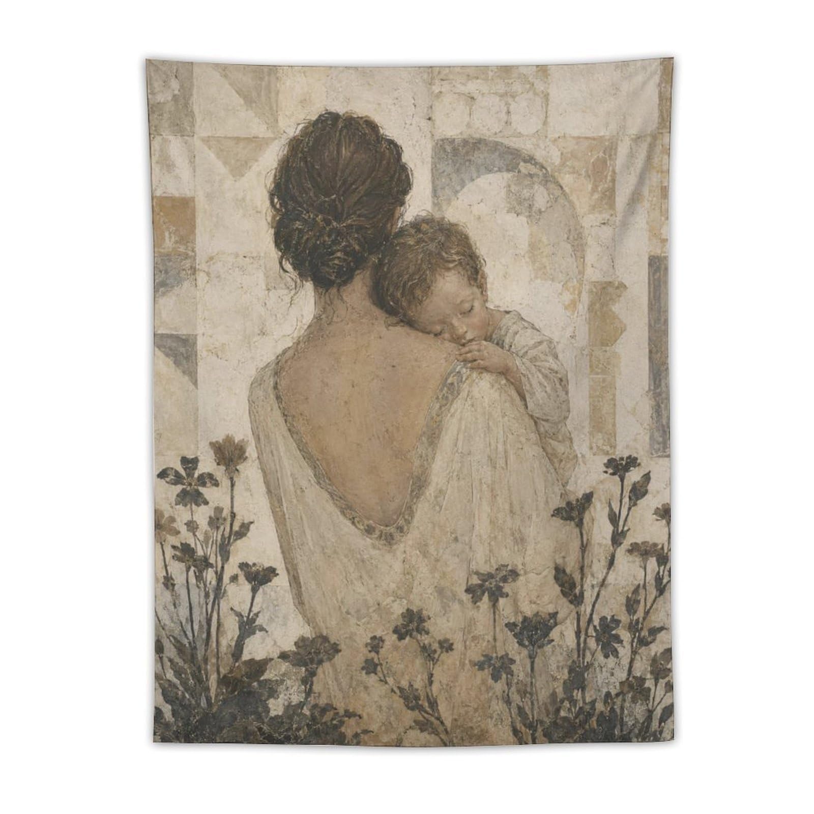 W7C8U2X3 Mother and Child Sepia Wall Tapestry, Realistic Illustration Style
