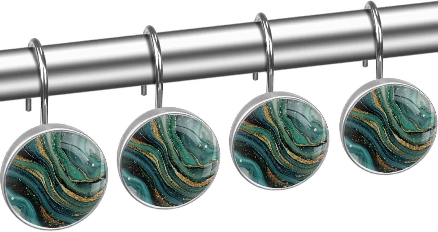 Abstract Green Marble Shower Curtain Hooks Rings, Round 12 Pcs Resin Glass Shower Curtain Hangers for Bathroom, Rust Proof Stainless Steel Shower Hooks for Shower Curtain Rod