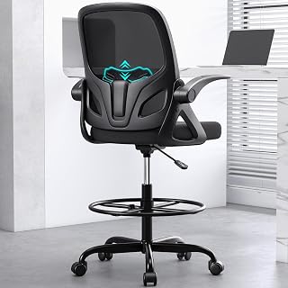 Kensaker Tall Drafting Chair: Ergonomic Mesh Office Chair w/ Foot Ring, Flip-Up Arms, Lumbar Support - 300 lbs Black