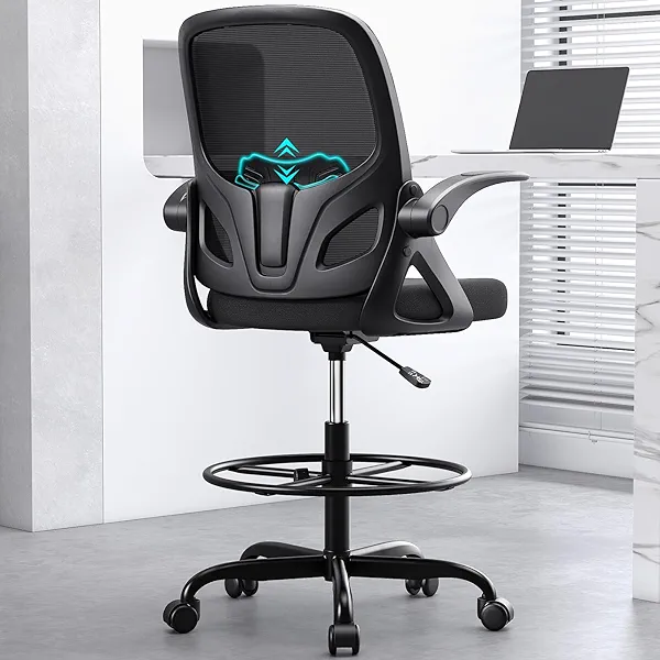 Kensaker Tall Drafting Chair with Footrest Ring for Home and Work, Ergonomic Home Desk Office Chair with Flip up Arms and Lumbar Support, Extended Height Executive Desk Office(Black)