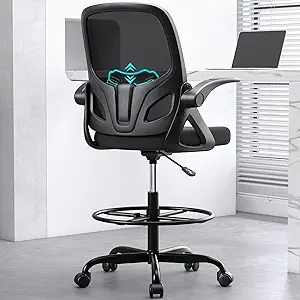 Tall Drafting Chair with Footrest Ring for Home and Work, Ergonomic Home Desk Office Chair with Flip up Arms and Lumbar Support, Extended Height Executive Desk Office(Black)
