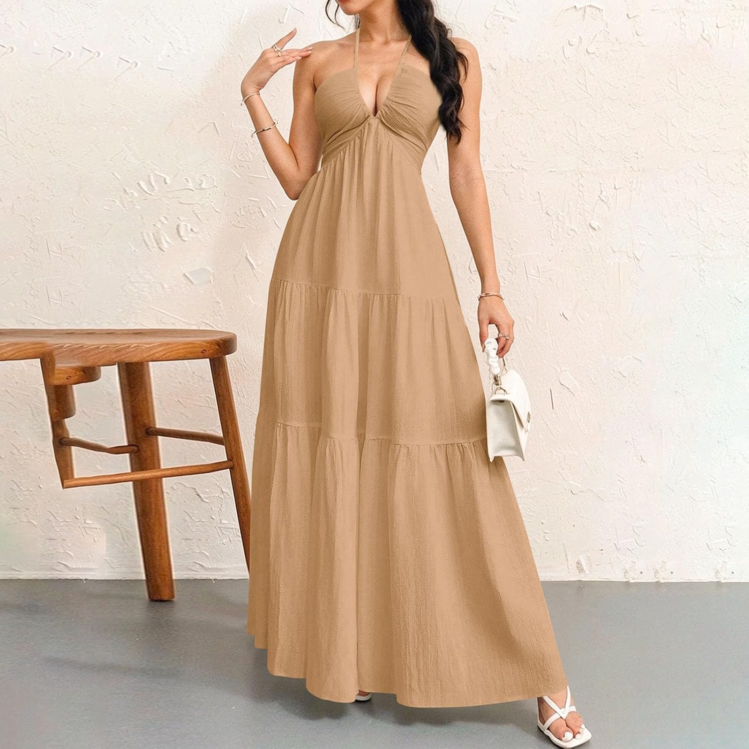Halter Long Dress for Women Spaghetti Strap Backless Dresses Sleeveless V Neck Sundresses Ruffle Flowy Maxi Dress