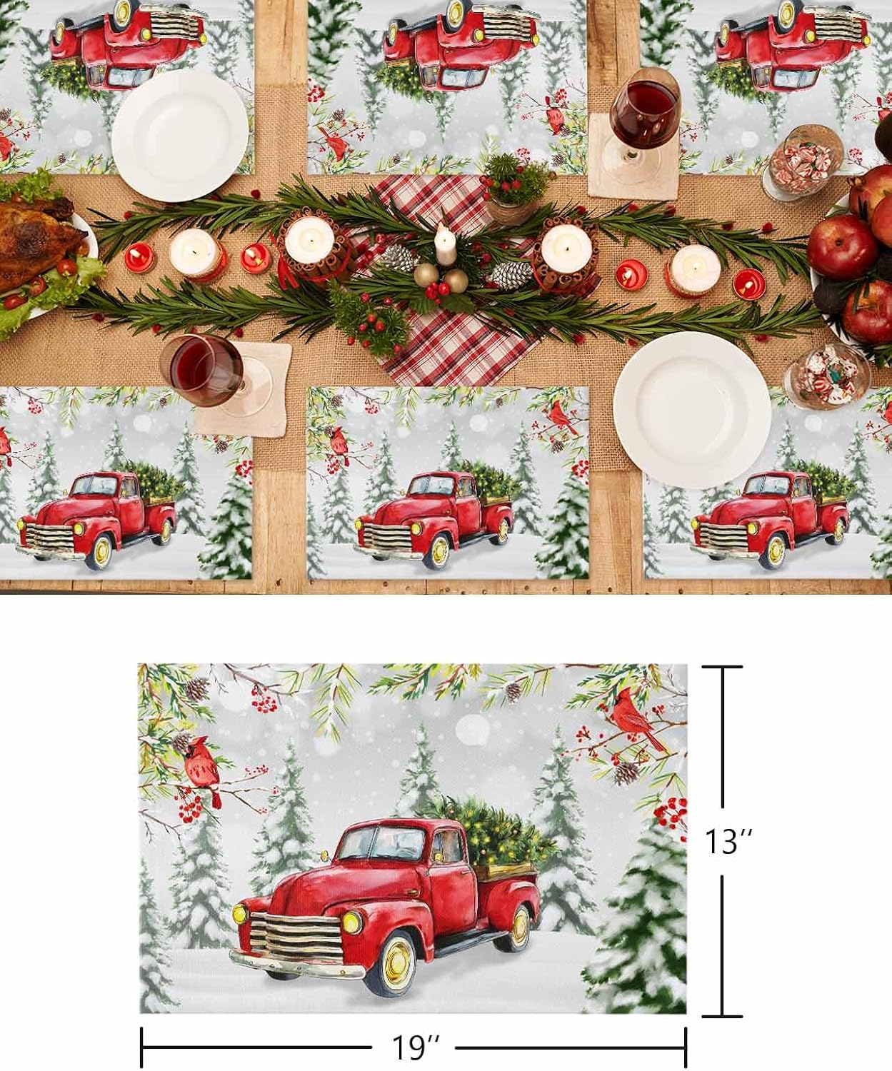 Christmas Truck Placemat Set of 6, Vintage Red Truck Cardinalis Snow Forest Landscape Frosty Tree Table Place Mats Non-Slip Heat-Insulated Washable Cotton Linen Placemats for Christmas Holiday Party