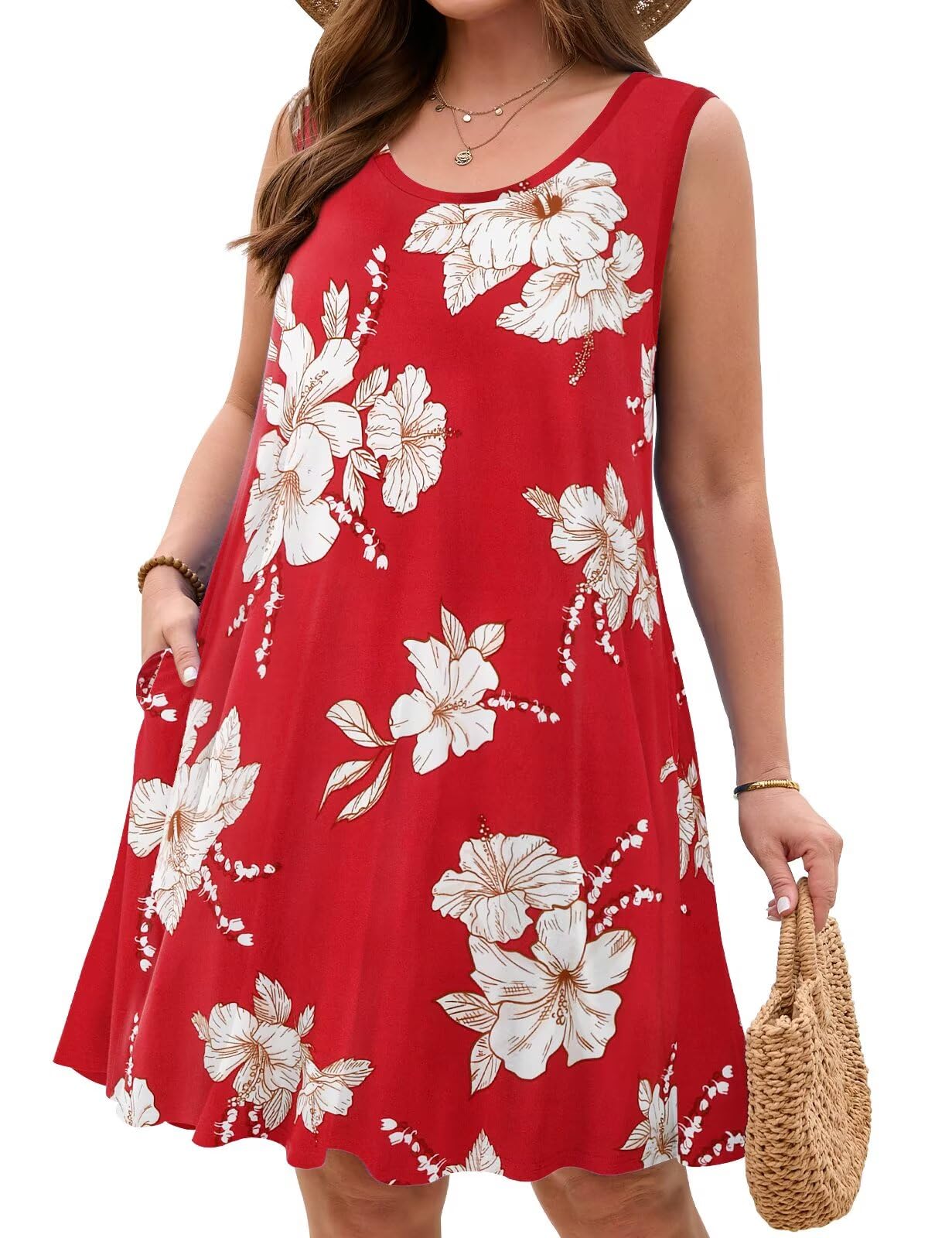 JollieLovin Women Plus Size Curvy Summer Tank Sun Dresses Sleeveless Causal T-Shirt Dress Beach Swing Cover up(L-5X)