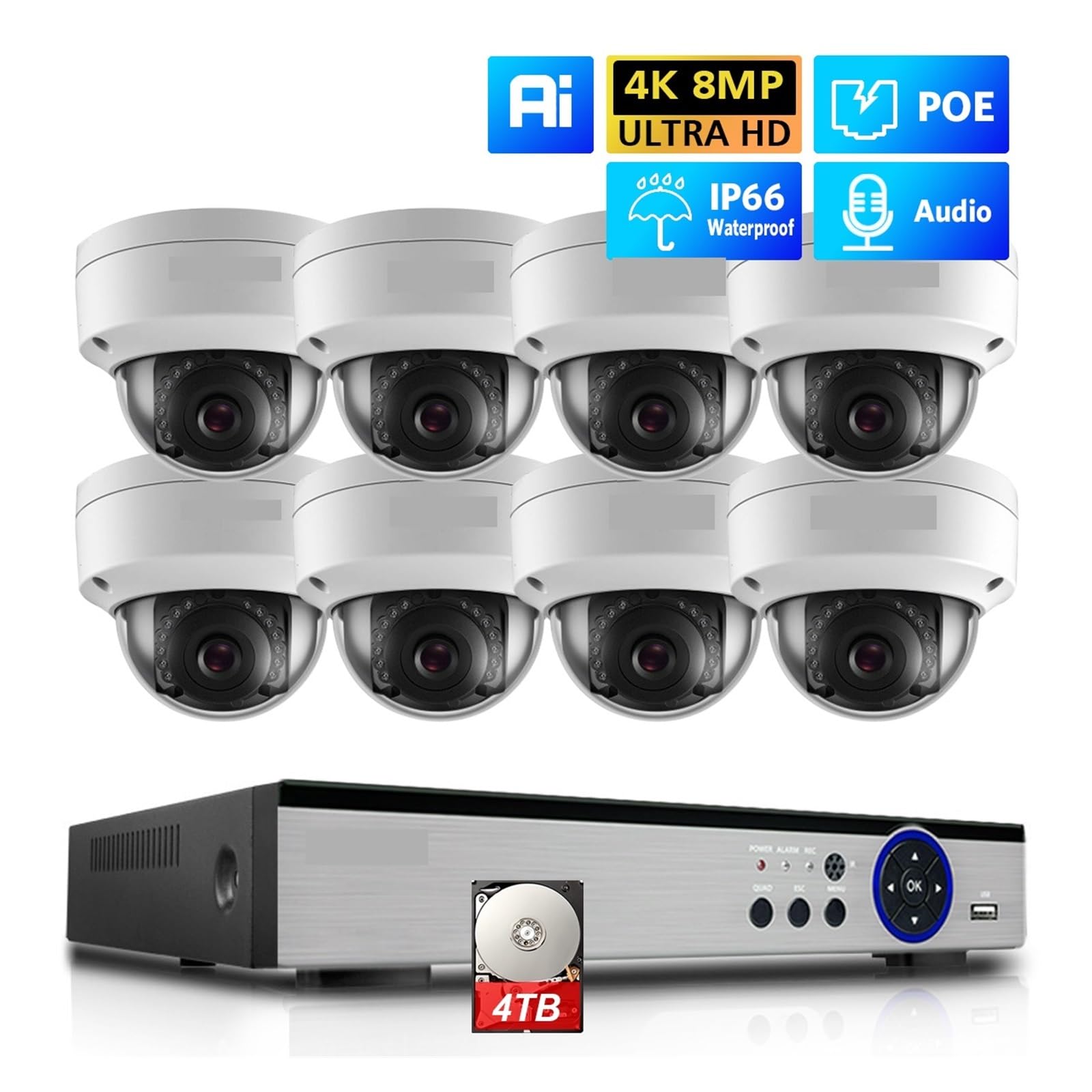 Zestaw NVR H.265 8CH 4K CCTV POE System Kamer Bezpieczeństwa Nagrywanie Dźwięku 8MP Wandaloodporny Do Monitoringu Wideo W Nocy Wykrywanie Ruchu(None,4CH NVR x 2PCS 2K)