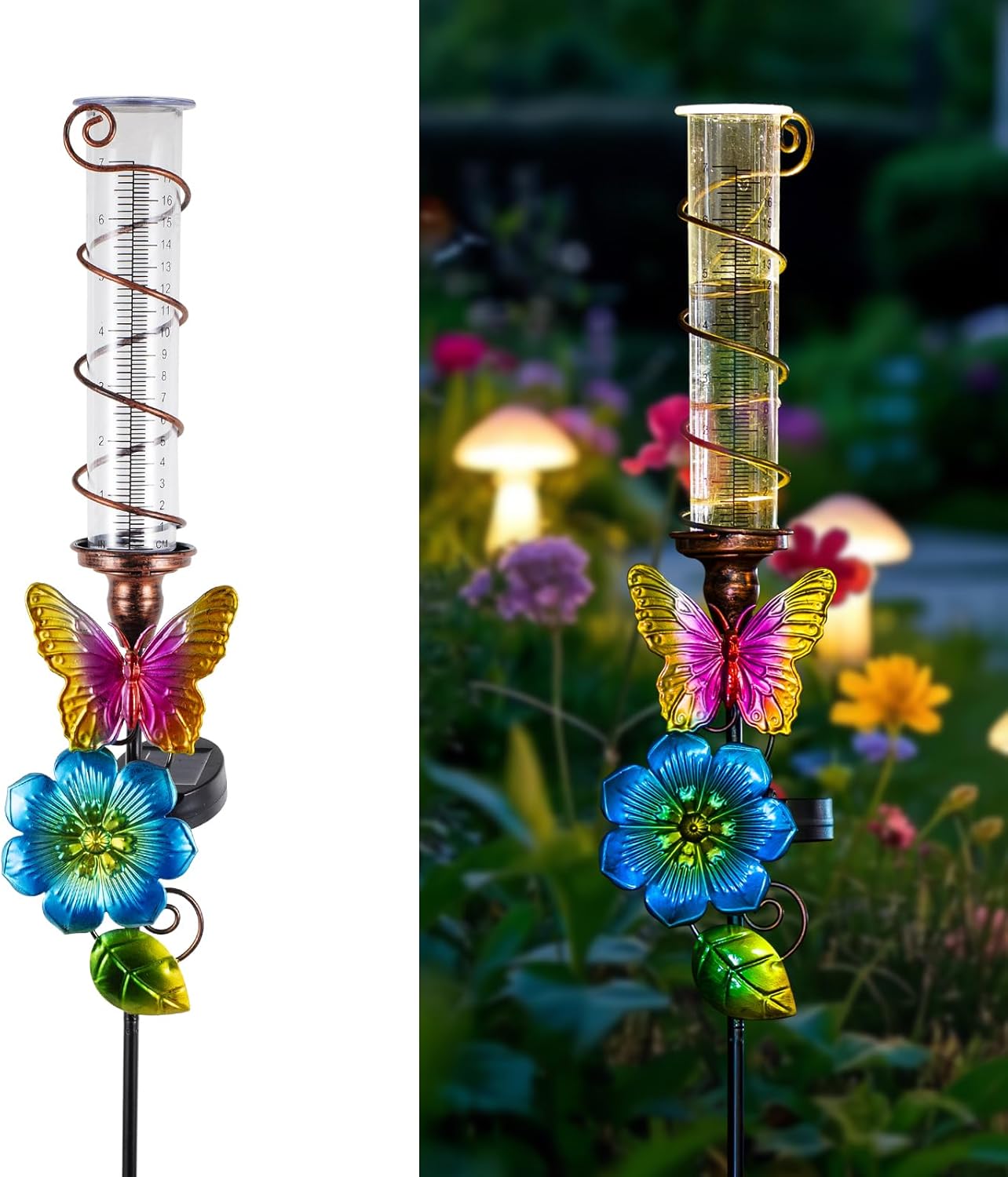 Rain Gauge Outdoor, Solar Rain Gauges for Yard, Freeze Proof Rain Gauge with 7" Plastic Tube, Butterfly Metal Decorative Garden Stake with Led Light, Blue