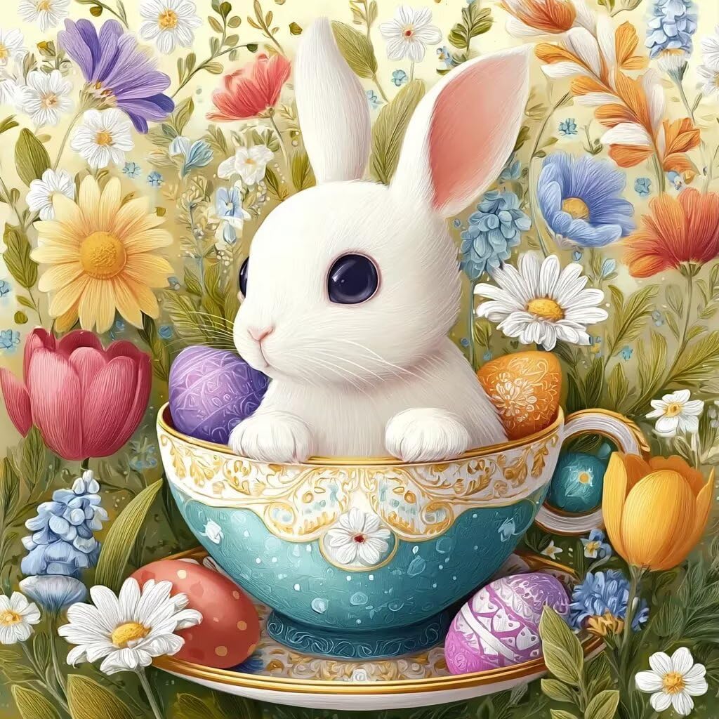 Diamond Art Kits for Adults,5D Painting Art Easter Day Rabbit Flowers Diamond Painting Kit for Beginner Happy Easter Eggs DIY Diamond Gem Art Painting Kits for Home Wall Decor 20x20 Inch
