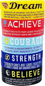 15-Pack Inspirational Quotes Silicone Wristbands | Motivational Gifts for Men Women | Dream Courage Achieve Strength Believe | Party Favors Rubber Bracelets