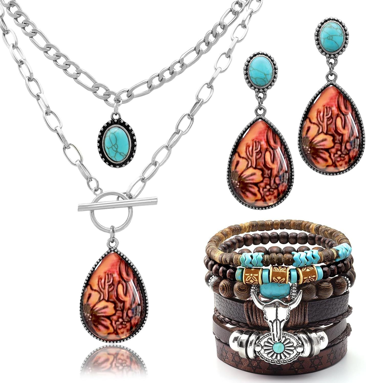 4 Pcs Layered Turquoise Western Jewelry for Women Bohemian Cactus Turquoise Necklace Cowboy Chic Earrings Rustic Layered Western Bracelets Boho Rodeo Country Concert Outfits Jewelry Gift