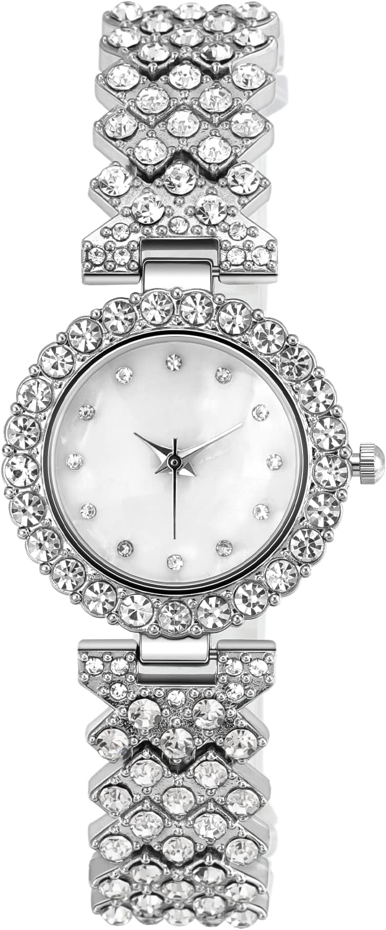 Clastyle Crystal Ladies Silver Watch Full Rhinestone Bracelet Watches for Women Stylish Bling Iced Out Wrist Watch Mother of Pearl Watch Gift