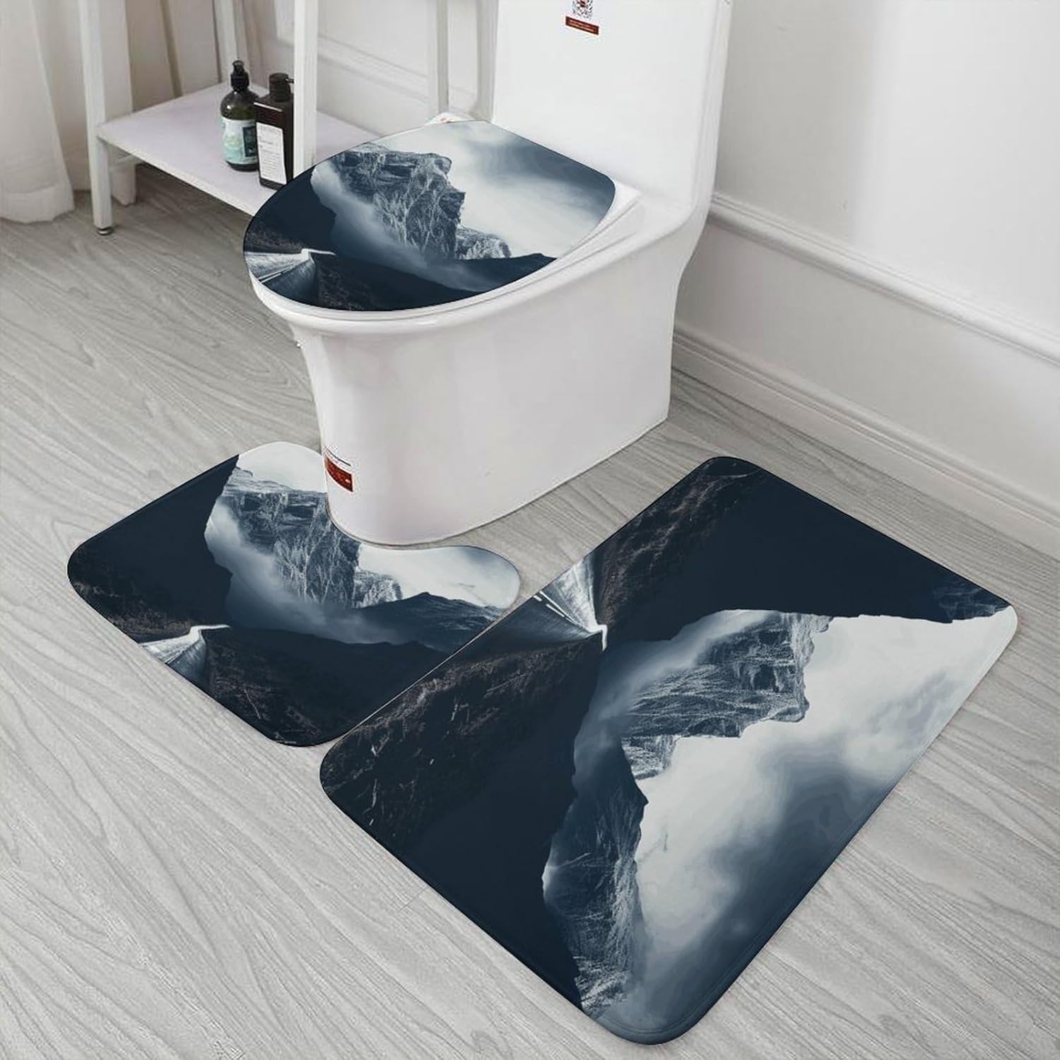 Anti-Skid Floor Mats 3 Piece Set,Dark Road to Mountains Printed Coral Fleece Bathroom Mats U-Shaped Contour Mat Toilet Seat Cover for Bathroom, Tub, Shower, Kitchen 19.7"x31.5"