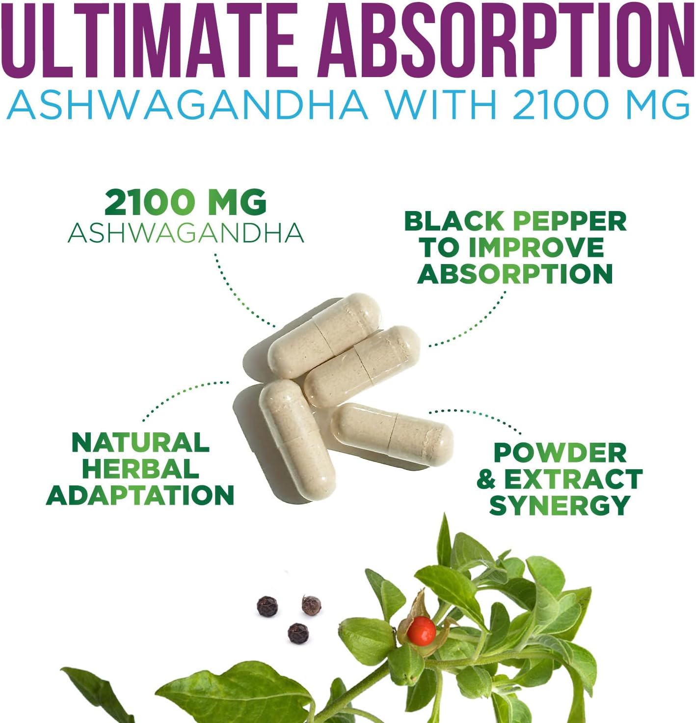 Ashwagandha Supplements 2100mg - 3X Strength Ashwagandha Powder & Root Extract with Black Pepper for Max Absorption, Antioxidant Supplements for Women & Men, Vegan, Bottled in USA - 60 Capsules - Image 3