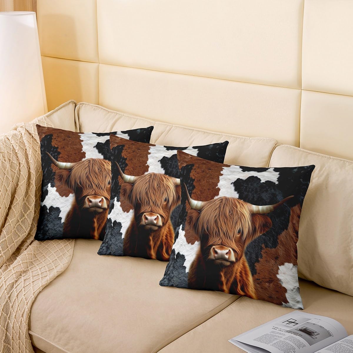Highland Cow Pillow Cover Wild Animal Cow Skin Pattern Square Cushion Cover for Kids Teens Adults Rustic Farmhouse Style Pillow Case for Room Decor Couch Sofa 24x24 Inch