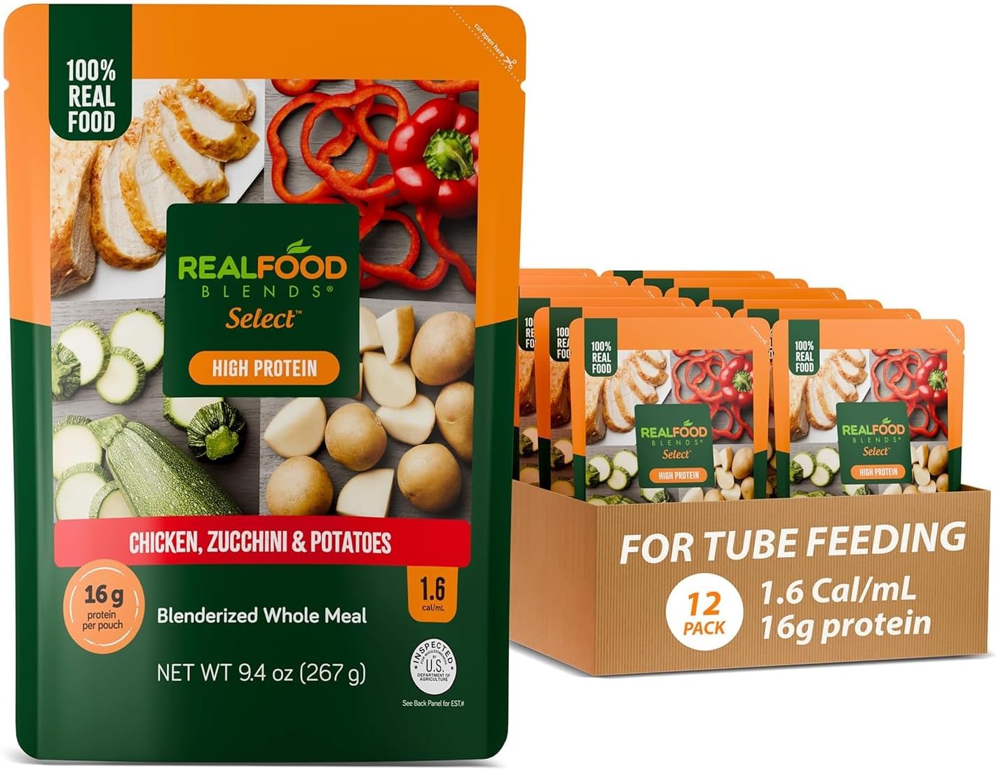 Real Food Blends Select Chicken, Zucchini & Potatoes โ Pureed Food Meal for Feeding Tubes, 9.4 oz Pouch (Pack of 12 Pouches)