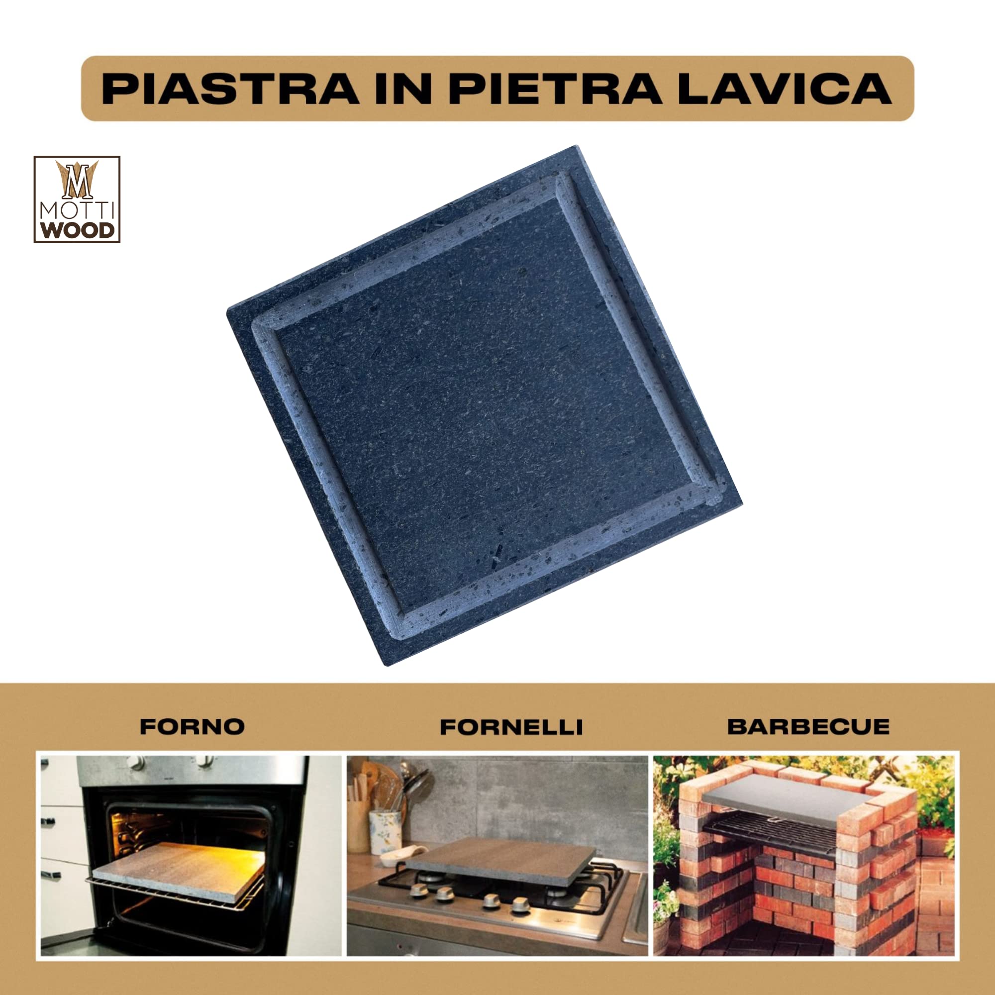 Mottinox Pierre de lave sicilienne avec égouttoir carré 25x25, plaque réfractaire pour cuisiner (25x25x2hcm)