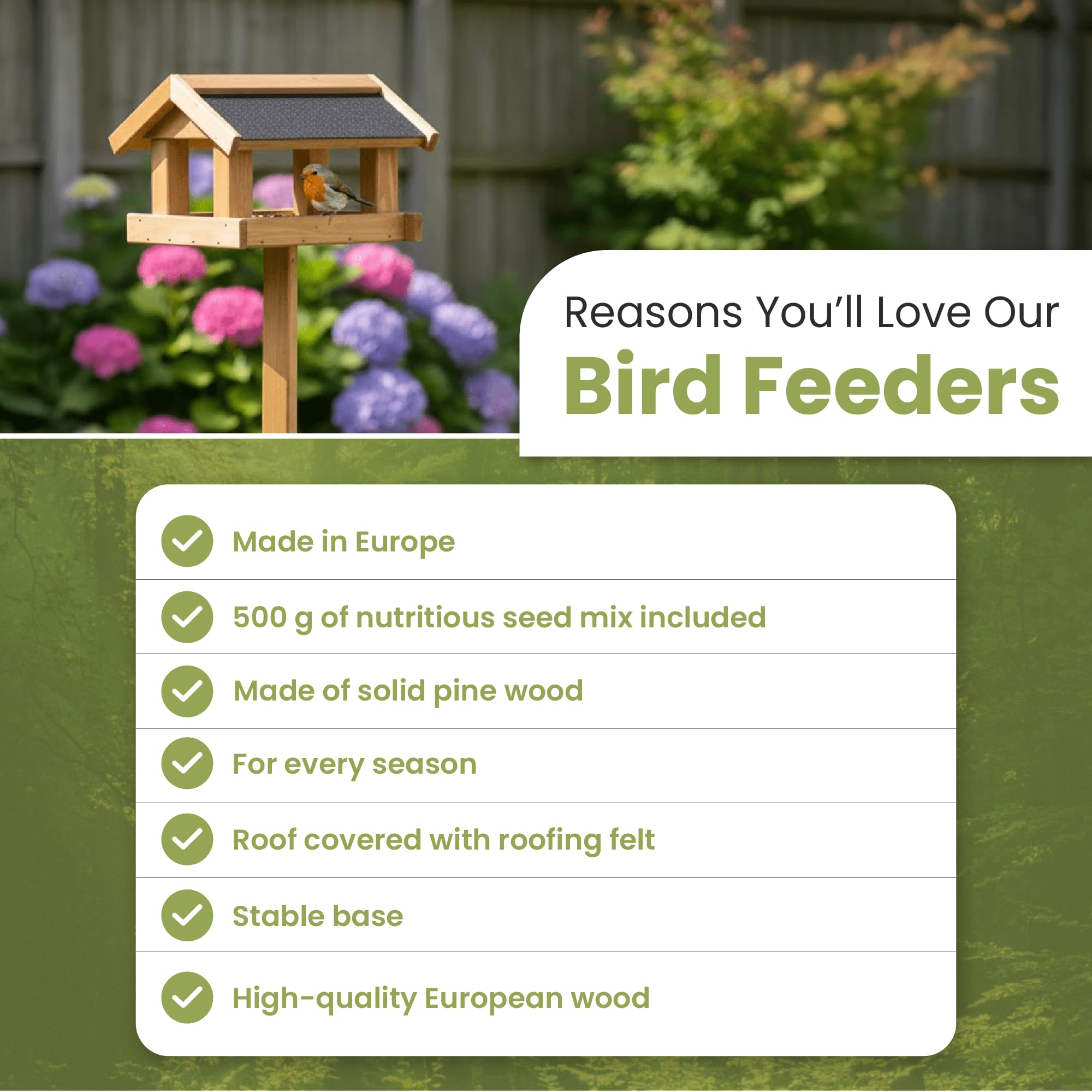 PATKAR Vogelhaus Futterhaus für Vögel mit Ständer aus Kieferholz - Vogelfutterstation Vogelfutterhaus für Singvögel Wildvögel Vogel Futterstation + 500g Futter Gratis