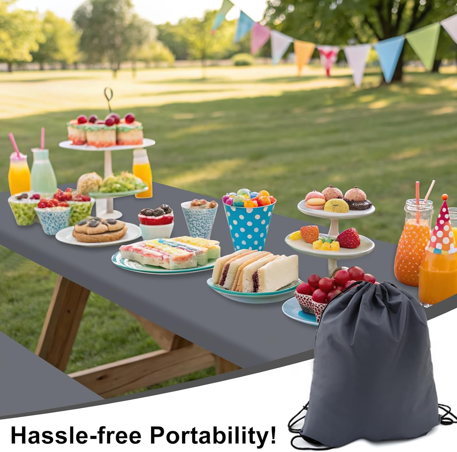 Smiry Picnic Table Cover with Bench Covers, Waterproof Elastic Fitted Polyester Tablecloths for 6 Ft Rectangle Tables, Washable Windproof Tablecloth for Camping, RV & Outdoor (Grey, 30x72 Inches)