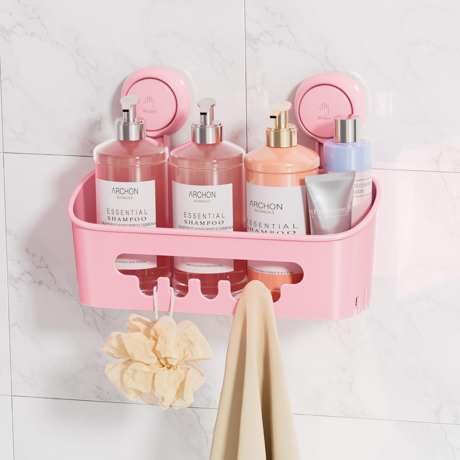 LEVERLOC Suction Shower Caddy Bathroom Basket Shelf Suction Shower Caddy Storage No Drilling Shampoo Holder Removable Powerful Bathroom for Shampoo Toiletries Kitchen Accessories，Pink