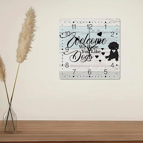 Miniatura 5 de Reloj de pared de PVC con texto en inglés "Welcome We Hope You Like Dog", reloj de pared colgante de perro salchicha perro de 10 pulgadas, cuadrado,