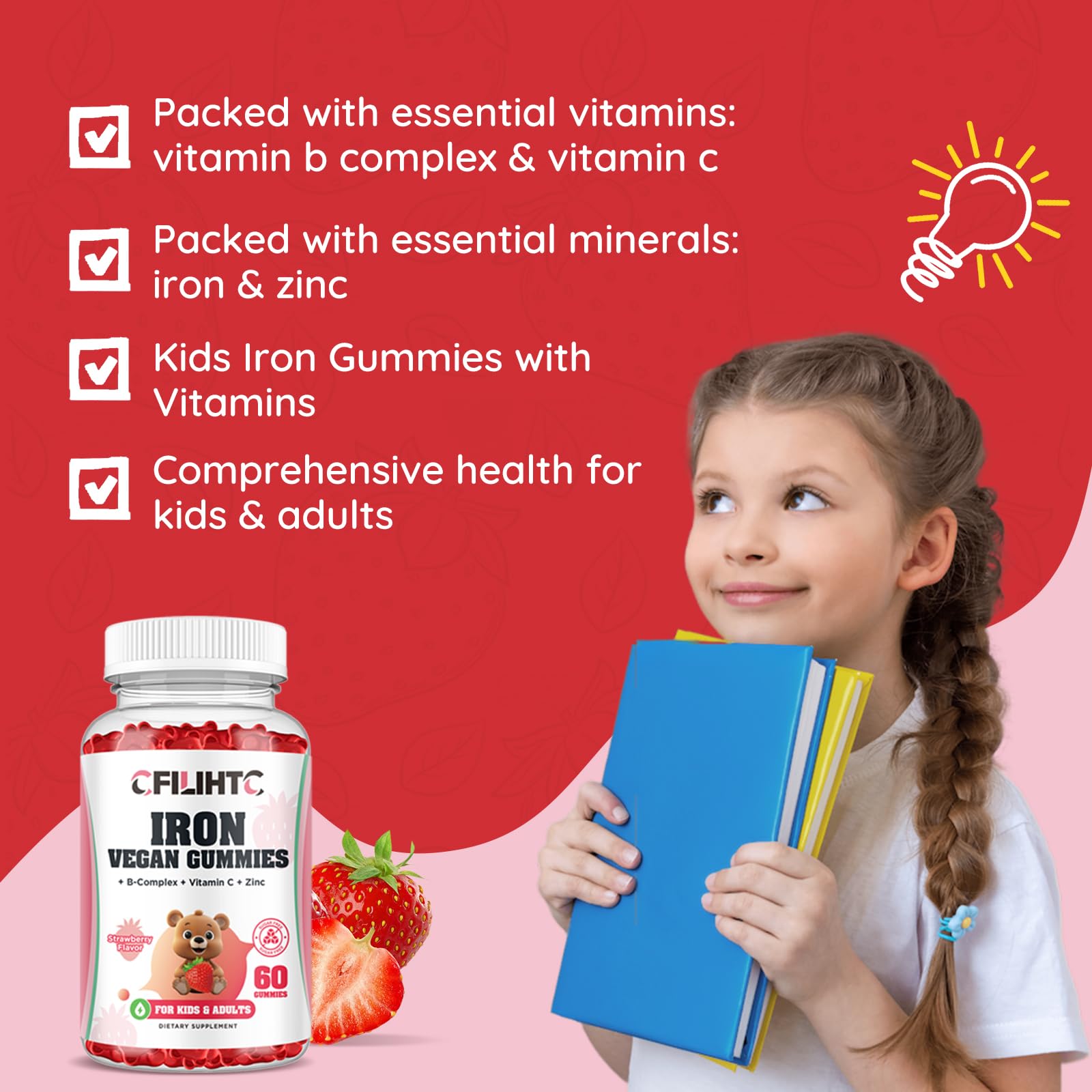 Iron Gummies for Kids, Women & Men, Iron Supplement with Multivitamin - Vitamin B Complex, C, B6, B12, Folate, Zinc for Anemia, Iron Deficiency, Blood Builder, Energy - Strawberry Flavor, Vegan 60ct — Amazon image 4