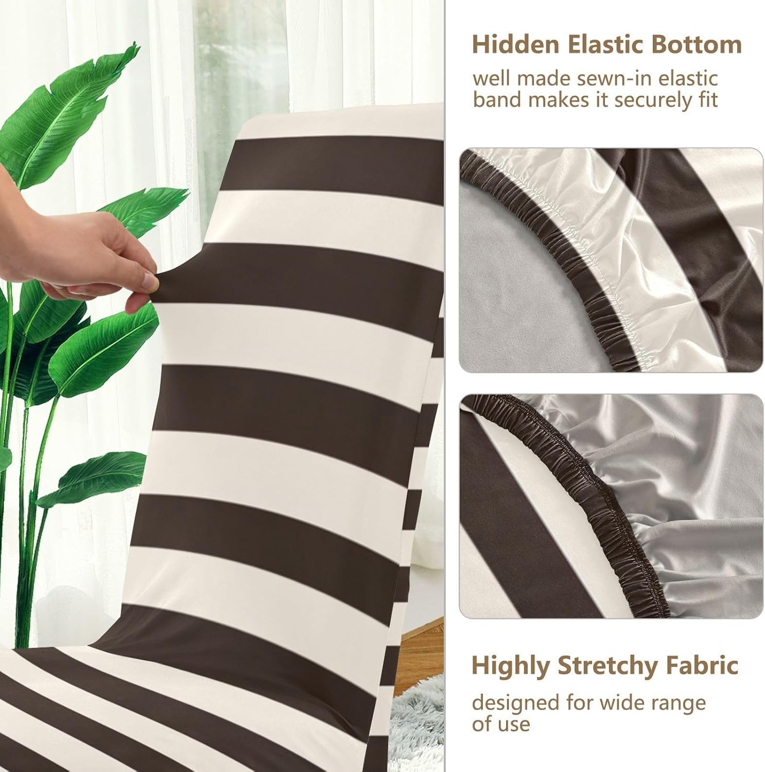 ALAZA Chair Covers for Dining Room, Brown White Striped Stretch Chair Cover Sets Chair Protector Removable Washable for Ktichen Restaurant Hotel
