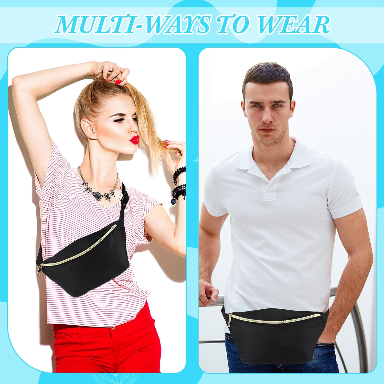 Amylove 9 Pieces Fanny Packs Nylon Waist Bag Zipper Travel Running Bag with Adjustable Strap for Women Men(Nylon,Black) - Image 7