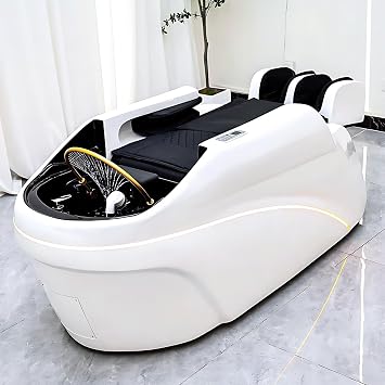 Salon Massage Shampoo Bed-Electric Massage Table with White Glass Steel One-Piece Design, Head Spa Equipment Includes Water Cycle, Smart Massage, Ambient Light74.80IN