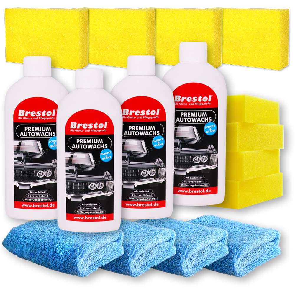 Brestol Set 6 de sellado de pintura (4 x 500 ml + accesorios) – con cera de carnauba – abrillantador de cera dura para coche, efecto perla, nano, resistente a la sal de la carretera