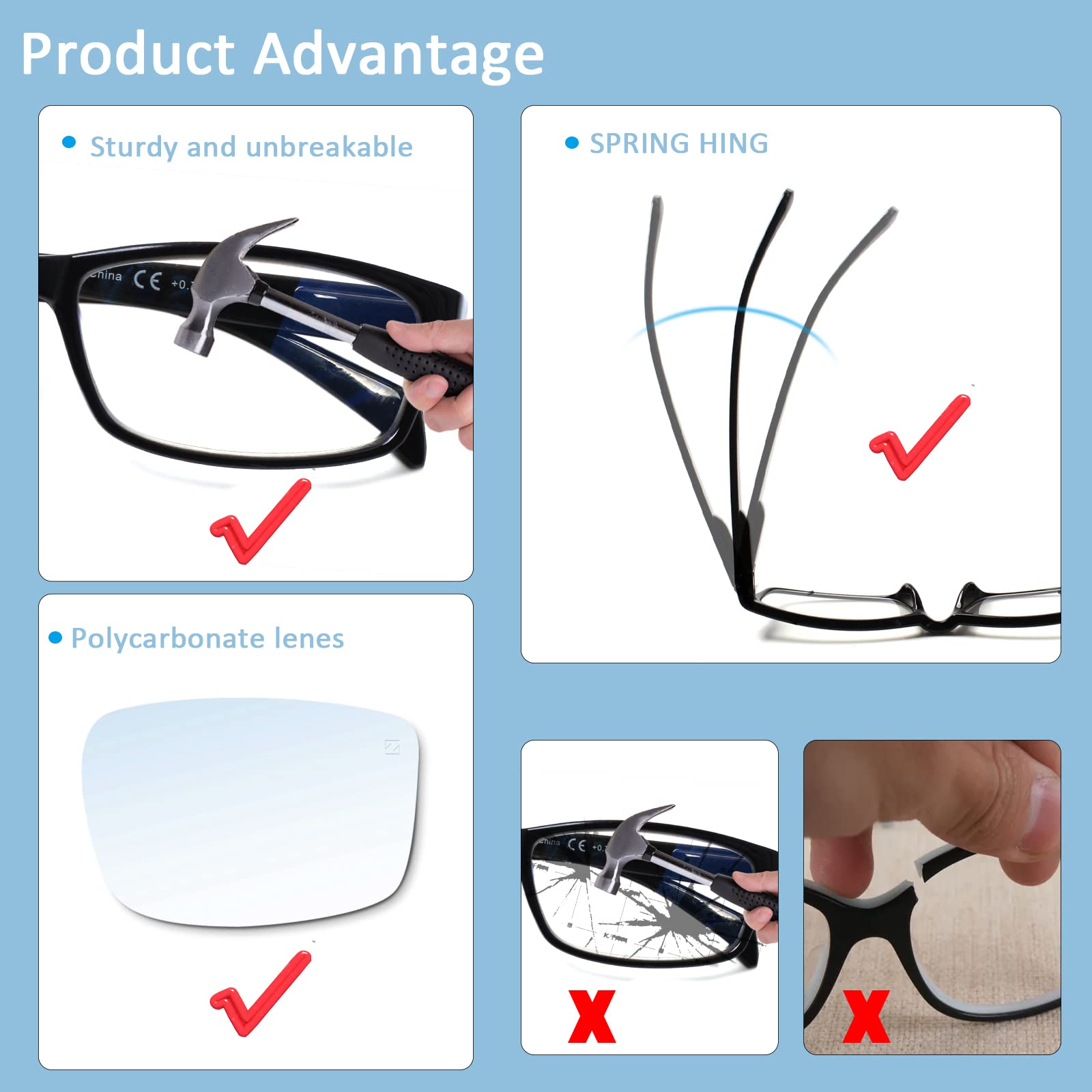 Kerecsen 6 Pack Fashion Reading Glasses for Women Men Blue Light Blocking Anti UV Readers with Spring Hinge - Image 4