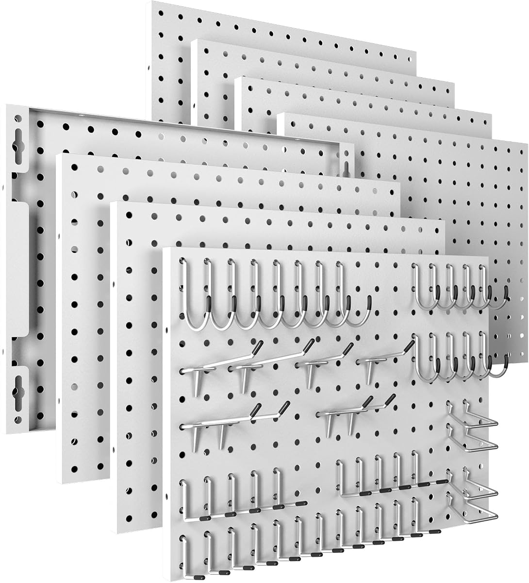 Spampur Peg Board, paquete de 8 paneles de metal con 50 ganchos | Organizador de pared de tableros de clavijas blancos, tablero de clavijas para paredes del hogar, almacenamiento de herramientas de garaje, organización de oficina de escritorio, sala de manualidades