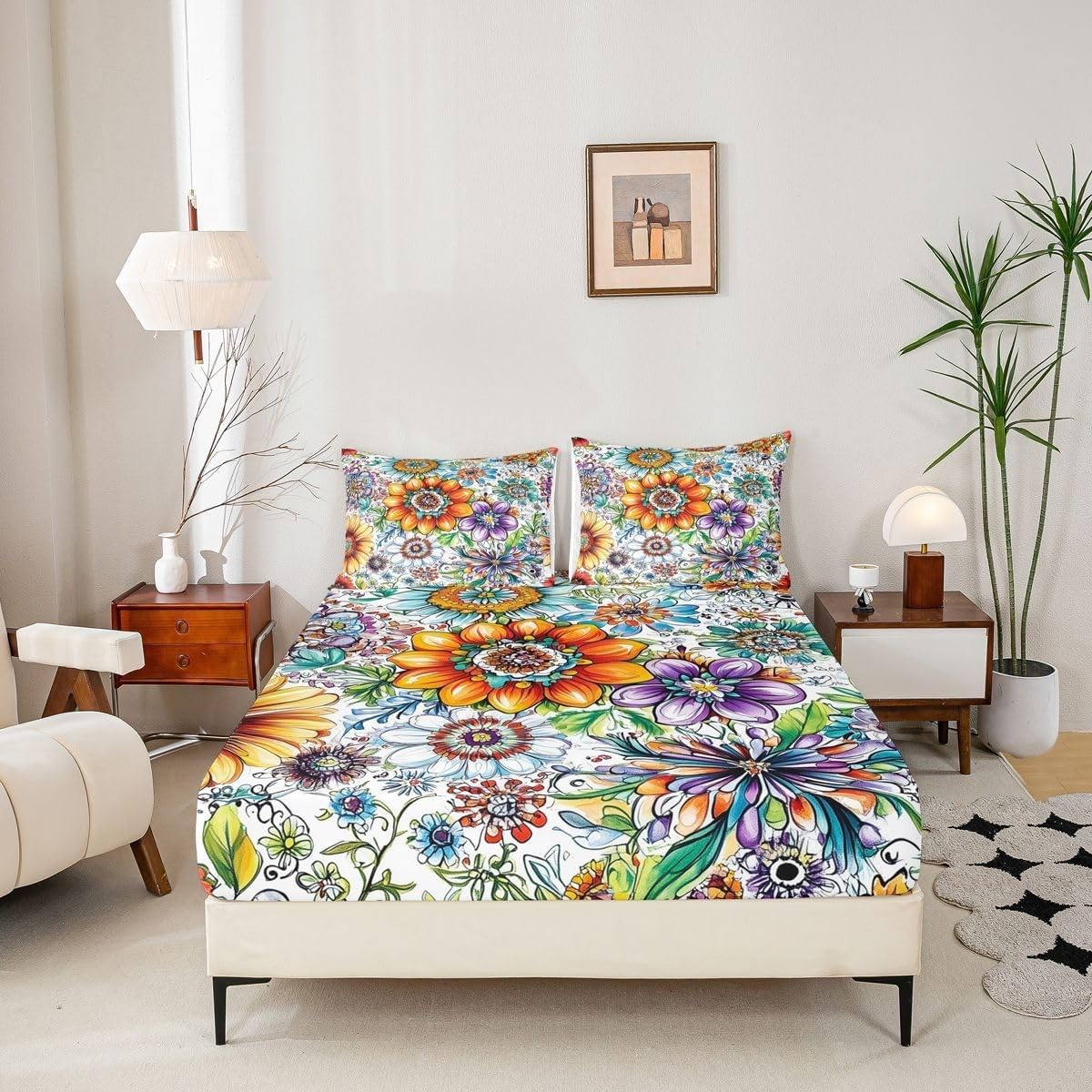 Boho Fitted Sheet Flowers Bed Sheets Deep Pocket 12 inch (30 cm) Soft Cozy 3 Piece Microfibre Bed Sheet 200x200 cm with 2 Pillowcases 50x75 cm