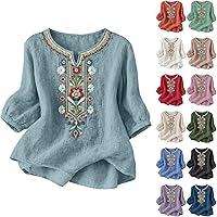 Women's Embroidered Boho Tops 3/4 Sleeve Cotton Linen Plus Size V-Neck Button Down Tunic Peasant Blouse