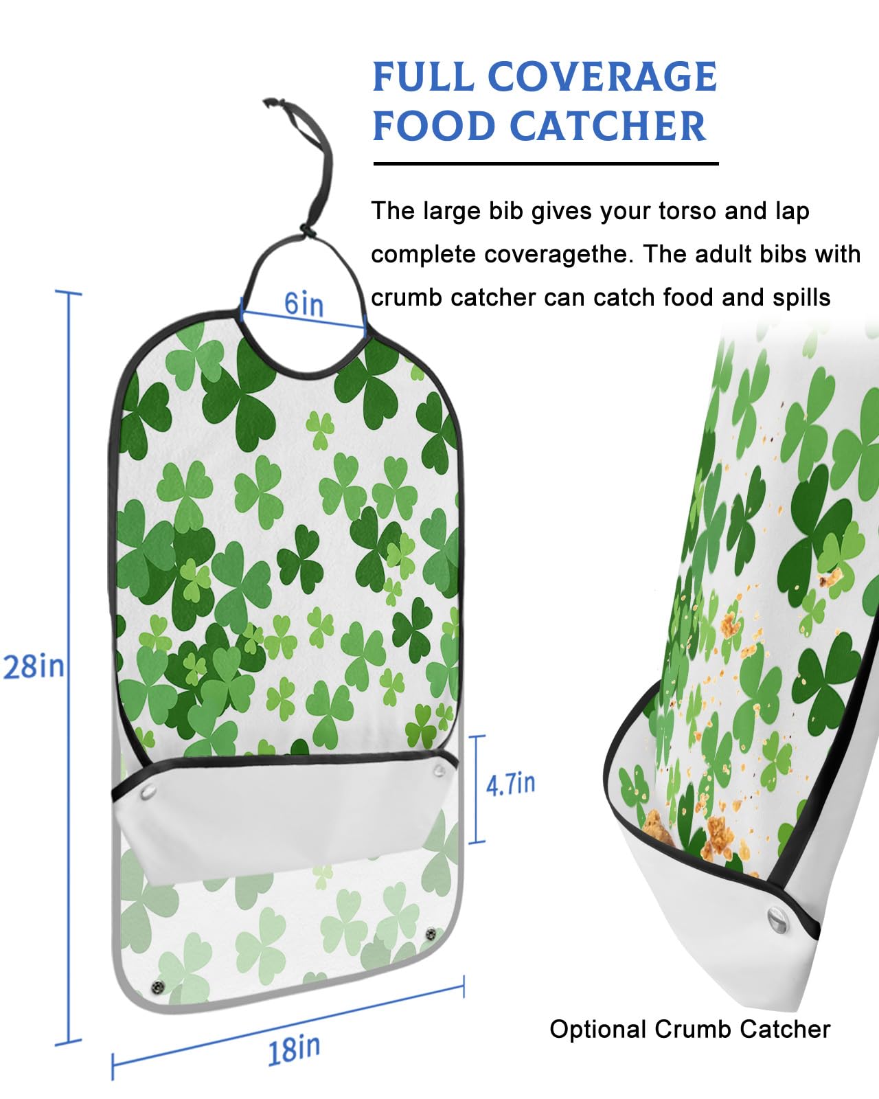 St. Patrick's Day Adult Bibs for Eating, Waterproof Bibs with Food Catcher & Adjustable Snap Closure, Falling Green Lucky Clover White Backdrop Clothing Protectors Adult Bibs for Elderly Women/Men