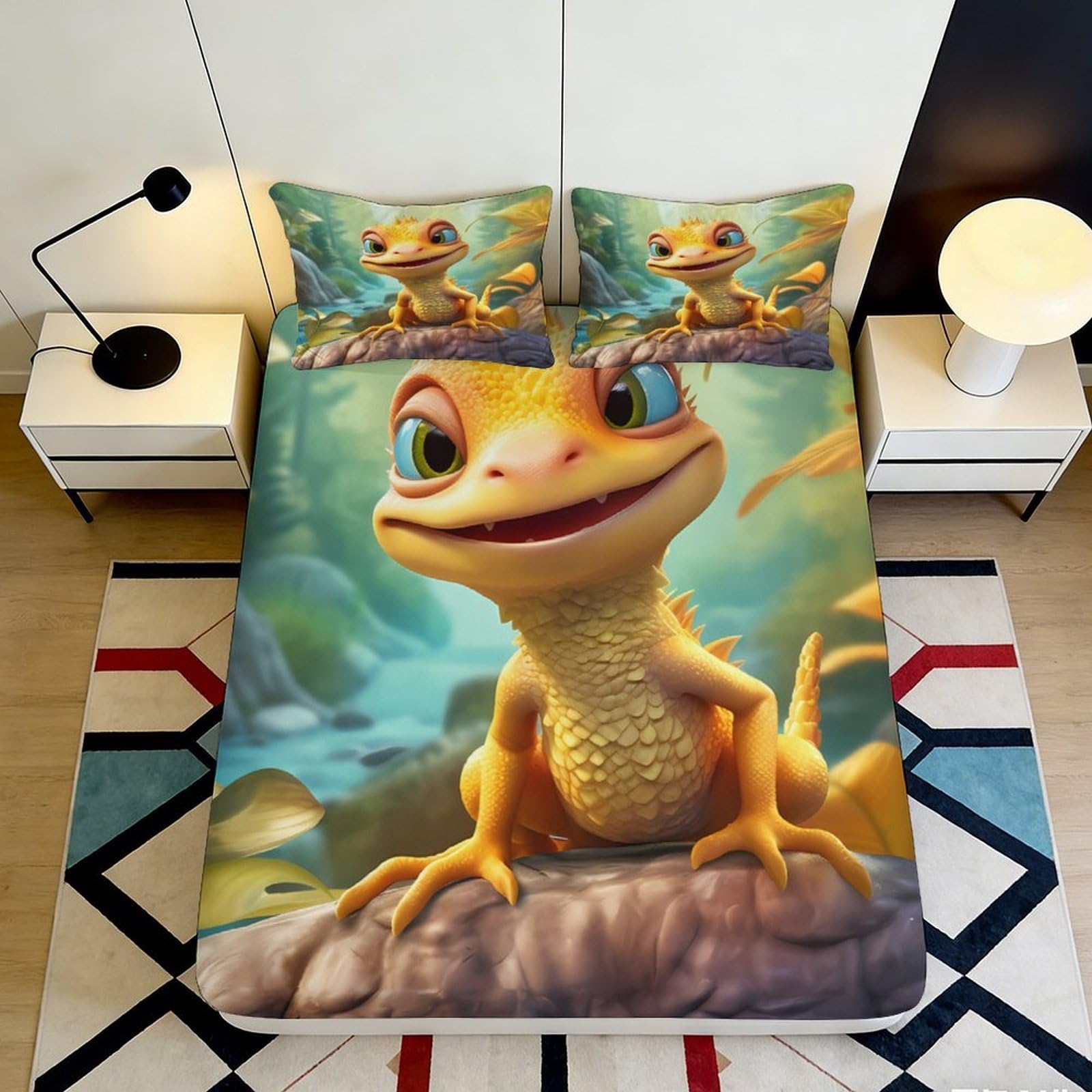 3D Printed Cartoon Lizard Fitted Sheet Microfiber Soft Anti-Slip Jungle Animal Mattress Cover for Bedroom Guest Room Decor 90x200x25cm