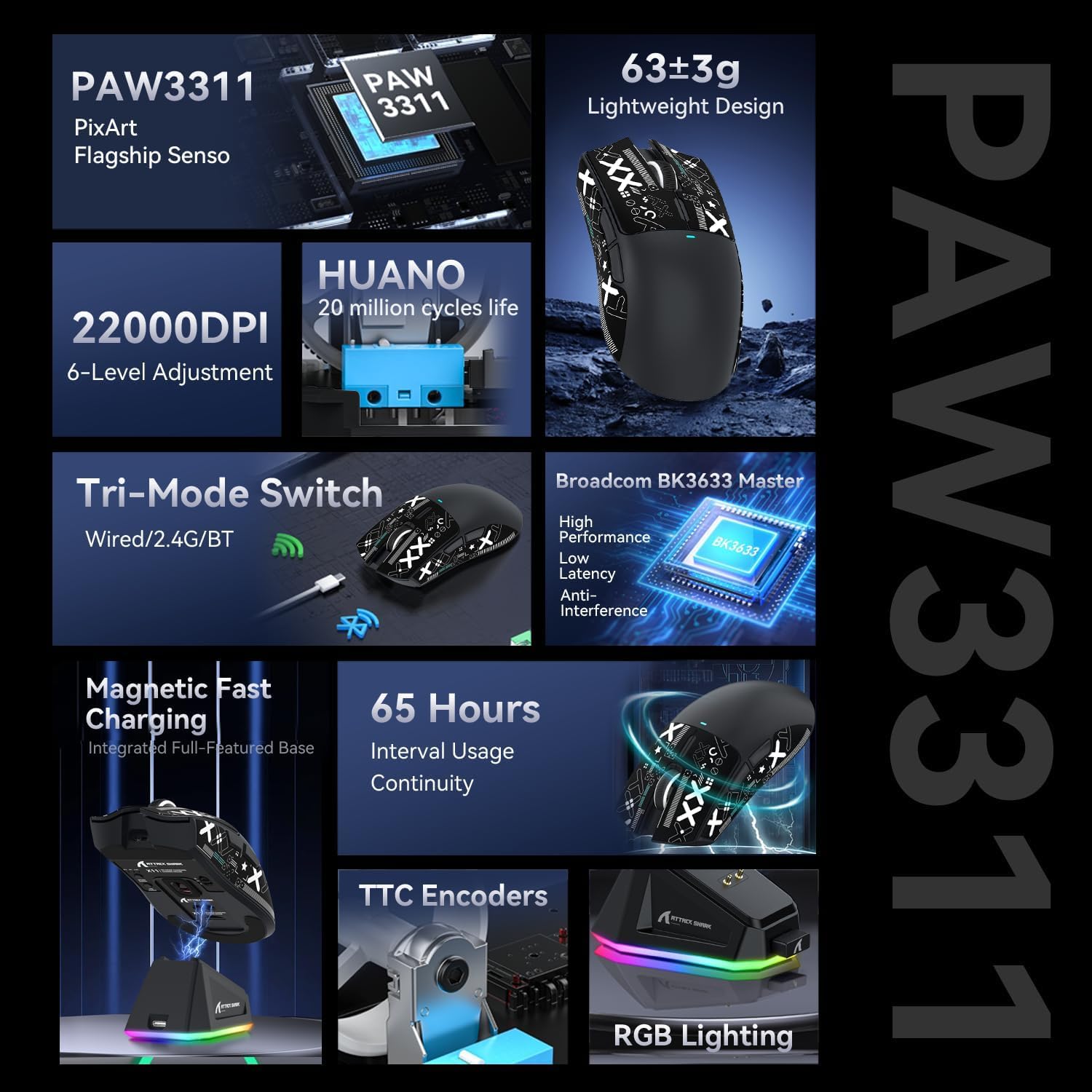 ATTACK SHARK 3-in-1 Kabellose X68PROHE-Tastatur und X11-Gaming-Maus-Kombination,BT/2,4G/Wired,8KHz-Magnetschalter mit schnellem Trigger,PixArt PAW3311,22000DPI,gewickeltes C01PRO–Schwarzer Farbverlauf
