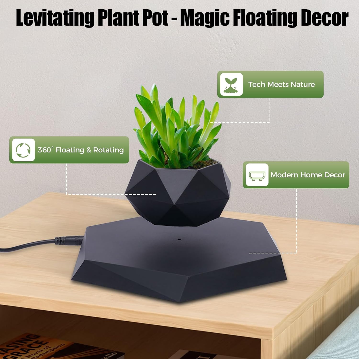 Rotation Flower Pot, Magnetic Levitating Plant Pot for Air Plants,Floating Plant Pot,Rotating Air Bonsai Planter Flower Pot for Home Living Room Office Desk (Black)