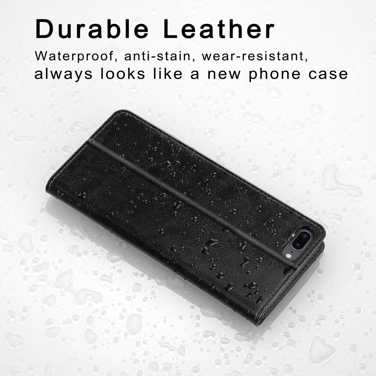 Belemay Compatible with iPhone 8 Plus Wallet Case, Genuine Cowhide Leather Flip Case Folio Cover [Soft TPU Inner Case] Card Holder Slots, Kickstand, Cash Pockets Compatible with iPhone 8 Plus, Black