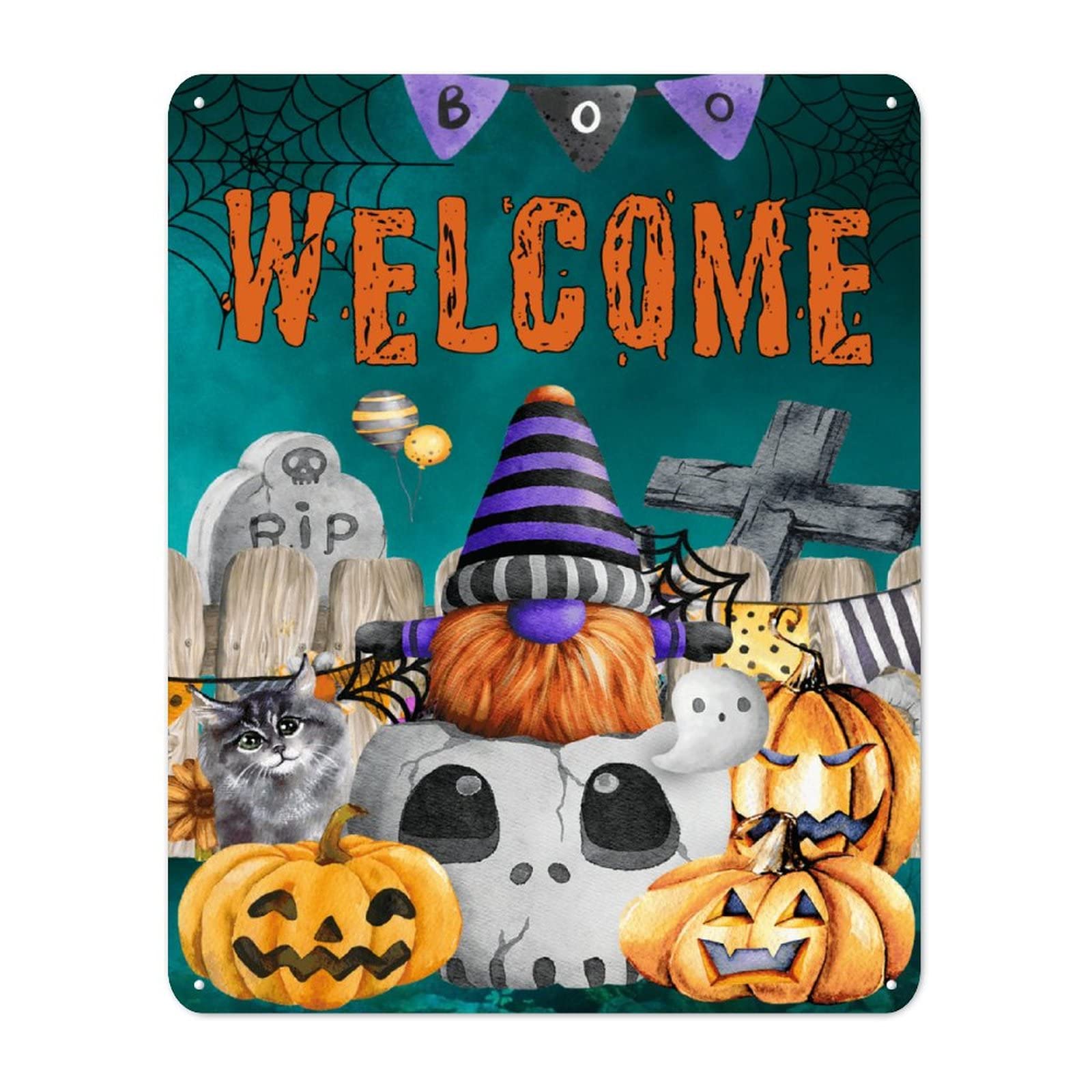 Plaque étain Halloween Welcome motif gnome citrouille métal