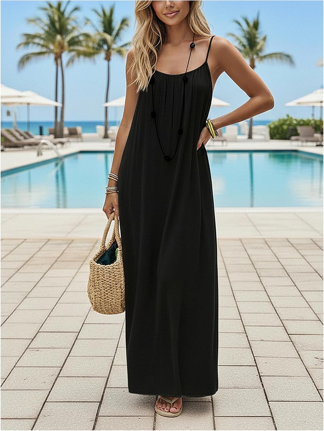 SHENHE Women's Open Back Spaghetti Strap Beach Maxi Dress Loose Flowy Vacation Sundress