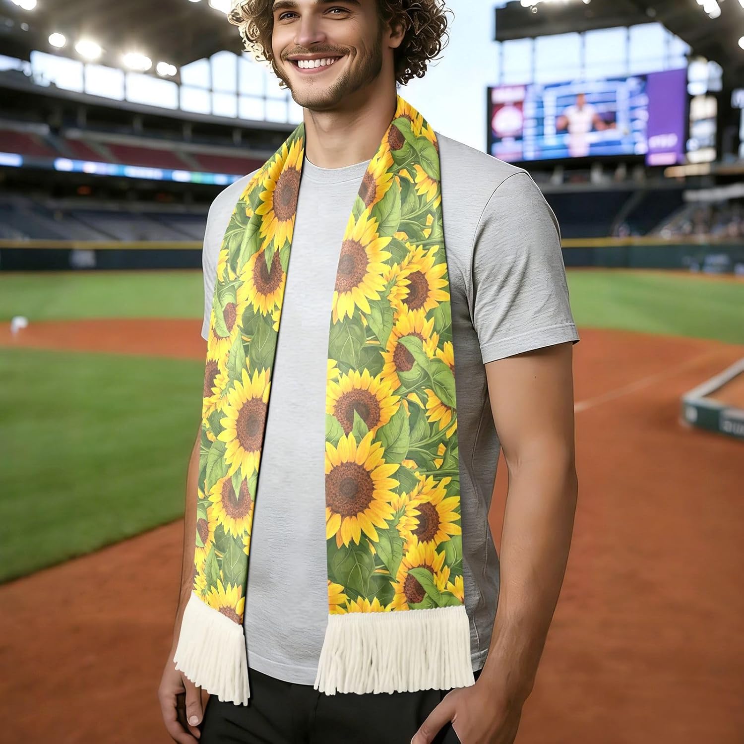 CHIFIGNO Yellow Sunflower Green Leaf Sports Fan Scarf for Sweat, Quick Dry Polyester Soccer Scarf with Fringe for Games