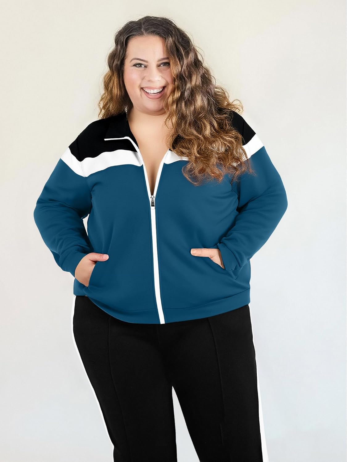 UOUA Plus Size Womens 2 Piece Sweatsuits Outfits Zip Up Jackets & Sweatpants Casual Loungewear Tracksuit Sets - Image 2