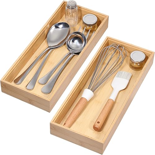 Juego de 2 organizadores de cajones de bambú, apilables de 15 pulgadas, bandejas organizadoras de almacenamiento de madera individuales para cocina,