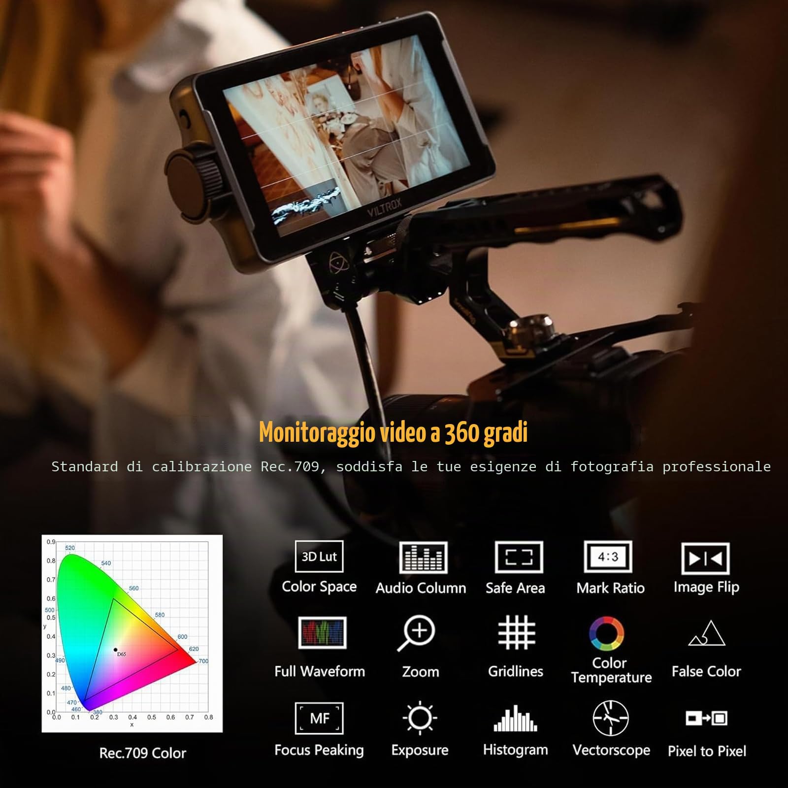 VILTROX DC-550 Pro Camera Field Monitor Touchscreen DSLR Camera Monitor | 5,5pollici 1200Nits 4K HDMI,Full HD 1920x1080 IPS,3D LUT con Batteria e Copertura Parasole,Ventola di raffreddamento