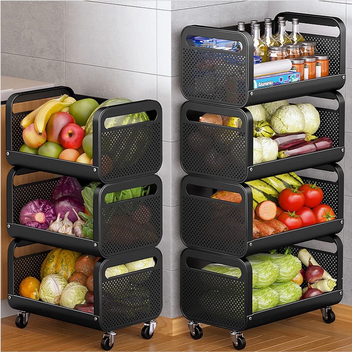LEIYTFE Kitchen Storage Rack with Wheels Fruit Basket 3/4 Tier Stackable Storage Cart for Narrow Space,Rolling Utility Cart Organization Shelf (Color : White, Size : 3 Tier)