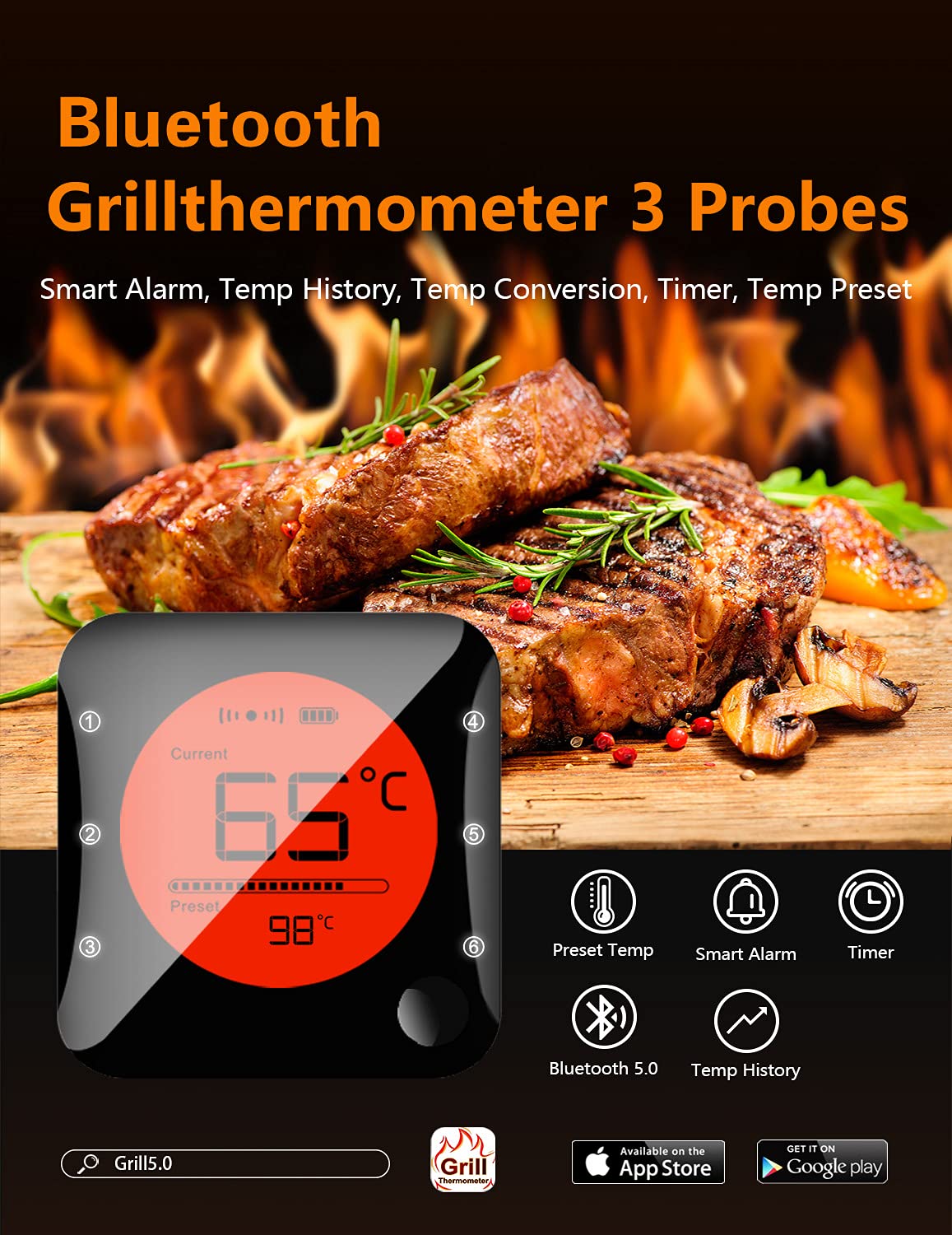 BFOUR Termometro da Cucina Digitale Termometro per Cucina Bluetooth Termometro per Carne Barbecue Wireless Termometro da Forno con Timer BBQ Griglia LED Display App 6 Sensori (Nero Chiaro, 3 Sonde)