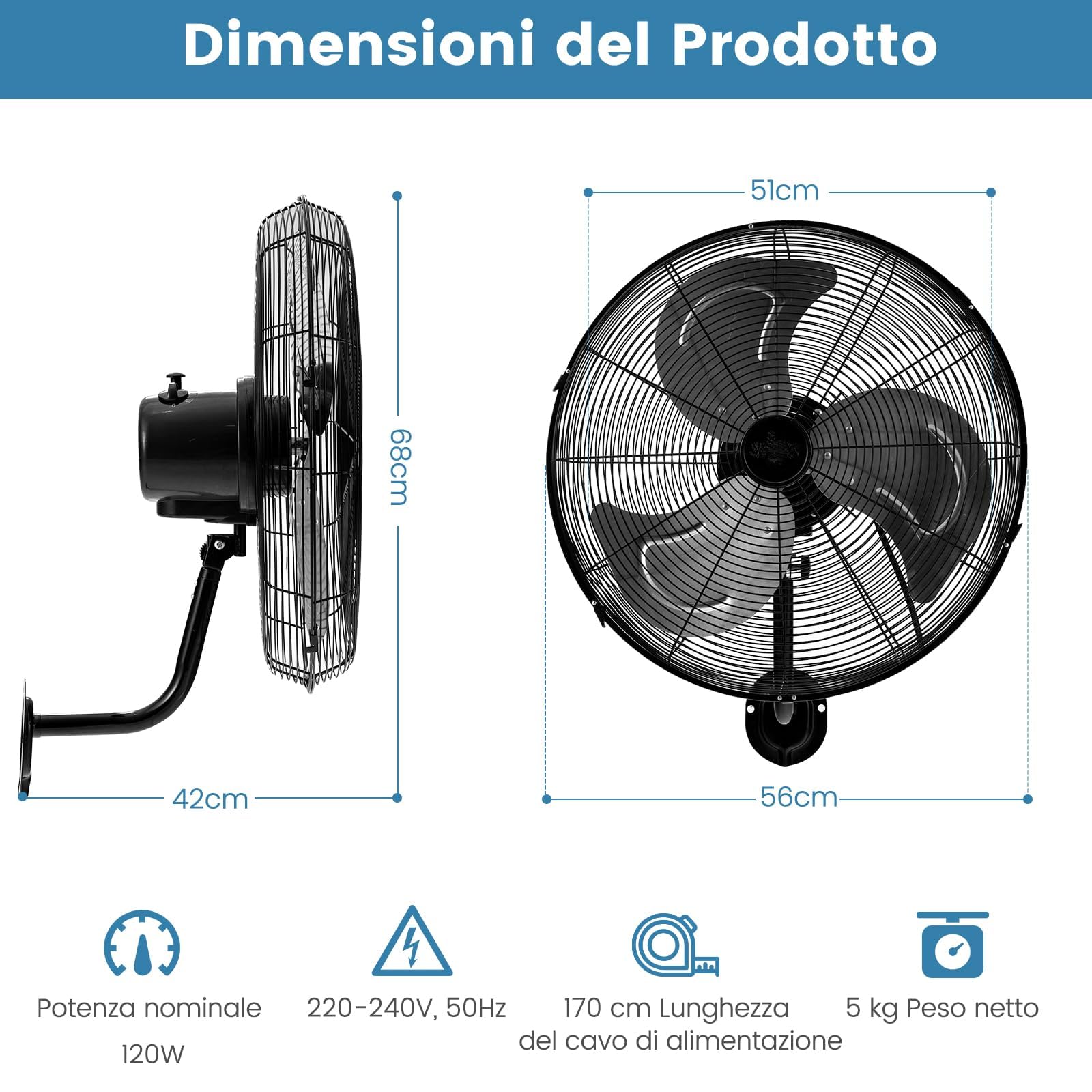 RELAX4LIFE Ventilatore da Parete Industriale 120W, Ventola Oscillante Automatica, 3 Velocità Regolabili, Ventilatore Elettrico con Struttura Metallica, Regolare con Manopola (Nero)