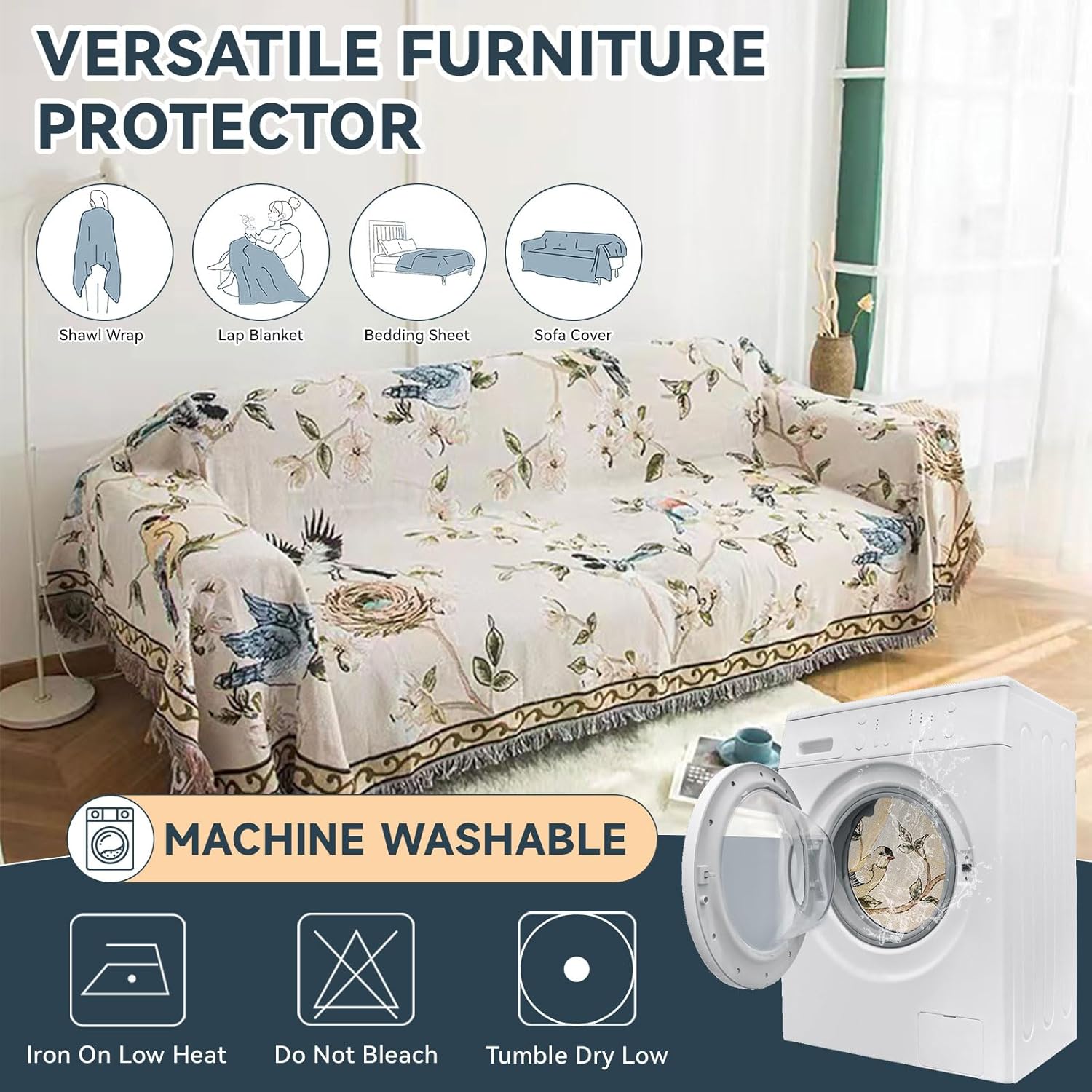 VClife Boho Beige Floral Birds Couch Cover Soft Thick Cotton Linen Farmhouse Sofa Cover for 3 Cushion Couch Sofa, Breathable Non-Slip Sectional Sofa Protector 1 PC Futon L Shpe Slipcover with Tassels
